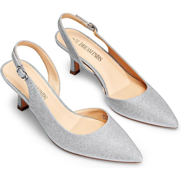 Dream Pairs Women Silver Faux Suede Pointed Toe Slingback Low Kitten Heels - Picture 4 of 7